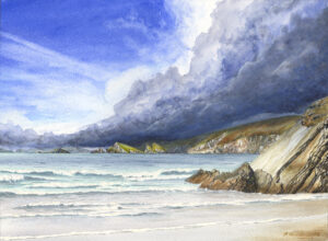 Watercolour painting of April Showers on Newgale by Barry Woodman