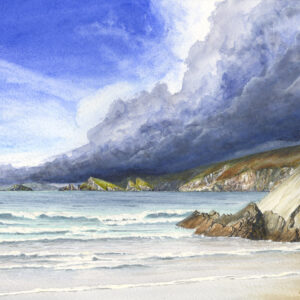 Watercolour painting of April Showers on Newgale by Barry Woodman