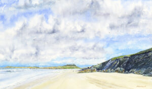 Watercolour painting of Carn Llydi from Whitesands Beach by Barry Woodman