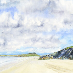 Watercolour painting of Carn Llydi from Whitesands Beach by Barry Woodman