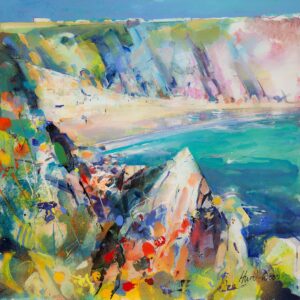 fine art print of acrylic painting by Grahame Hurd-Wood showing Caerfai beach in West wales