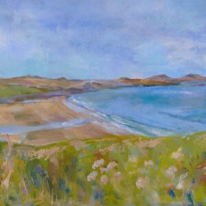 fine art print of oil painting by Ros Evans showing Whitesands to Ramsey Island,Traethmawr ac Ynys Dewi