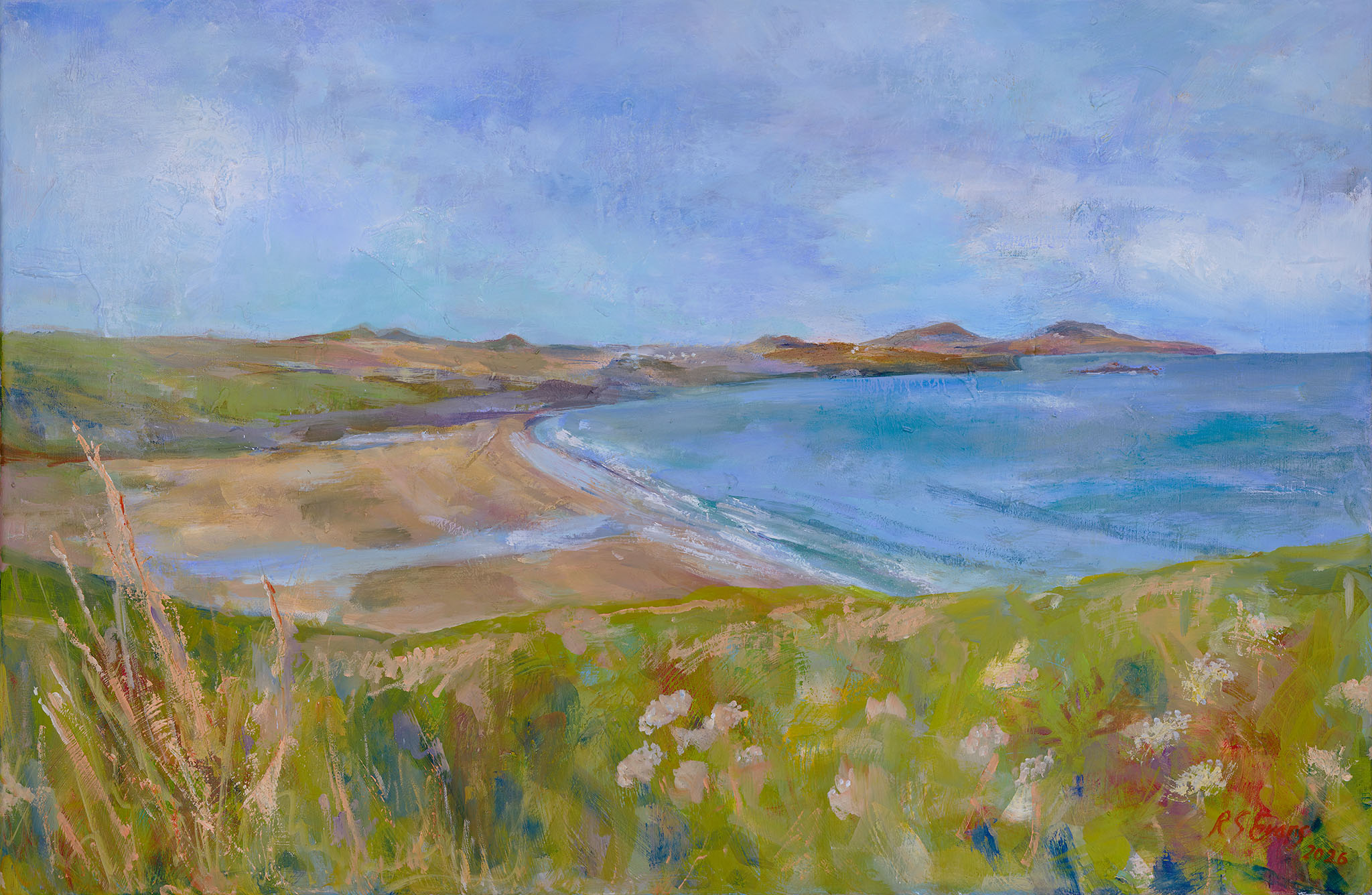 fine art print of oil painting by Ros Evans showing Whitesands to Ramsey Island,Traethmawr ac Ynys Dewi